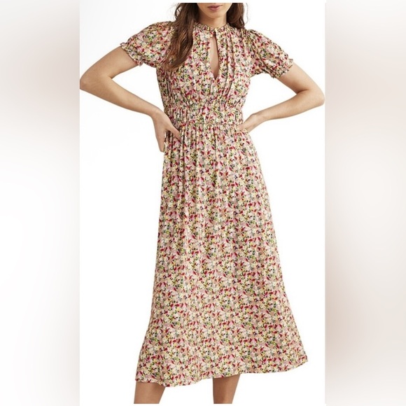 Boden Ruched strech Jersey Pink Floral Maxi Dress women short sleeve plus 14R - Picture 7 of 13